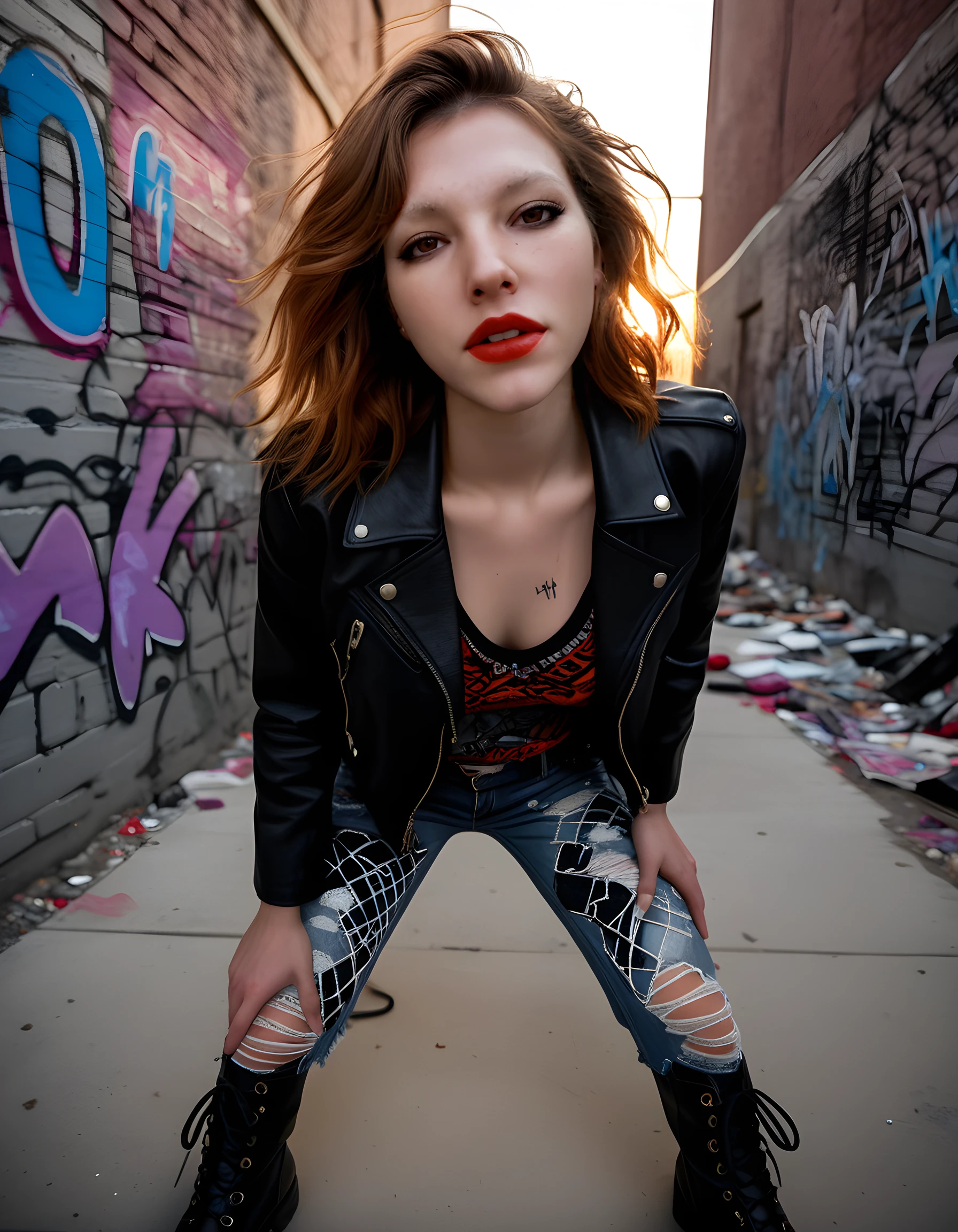 In a gritty, urban noir setting, a captivating woman named M364NJ, with her striking brown eyes and vibrant red lipstick, takes center stage in a dramatic close-up shot. The camera is positioned low from the ground, looking up at her, emphasizing her fierce gaze as it locks onto the viewer. Her teeth flash in a confident smirk, and the contrast between the harsh, high-contrast shadows of the graffiti-laden alleyway behind her and the soft, warm light that illuminates her face creates an intense emotional tone, highlighting her unwavering resolve against the bleak backdrop. The image is rendered in a hyperrealistic style, capturing every detail of her bold, unique outfit: the intricate patterns adorning her leather jacket, the edgy ripped jeans, and the combat boots that ground her in the rough concrete world she calls home.