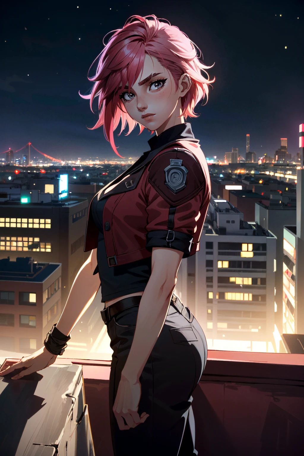 ((ultra detailed, masterpiece, absurdres))
<lora:ALVi:0.8>
ALVi, 1girl, pink hair, short hair, looking at viewer, overlooking the city from a rooftop bar at night, chic outfit, standing