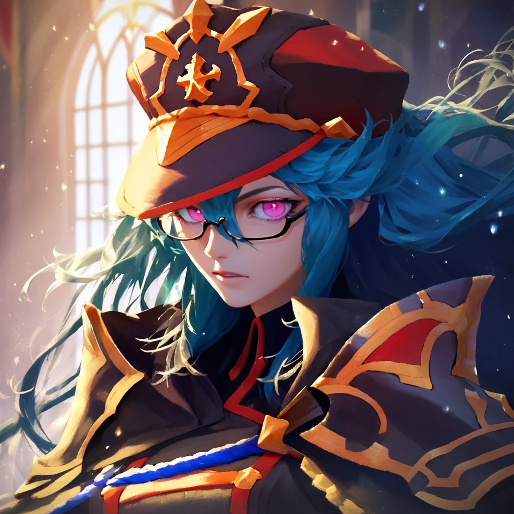 Kirsty, long hair, blue hair, hair between eyes, pink eyes, hat, glasses, military uniform, gloves, cape, score_9, score_8_up, score_7_up, source_anime, 1girl, light particles, dramatical lighting, (detailed, light particles, dynamical lighting), masterpiece, cinematic, high qualitty art, beautiful art, beautiful face, beautiful eyes