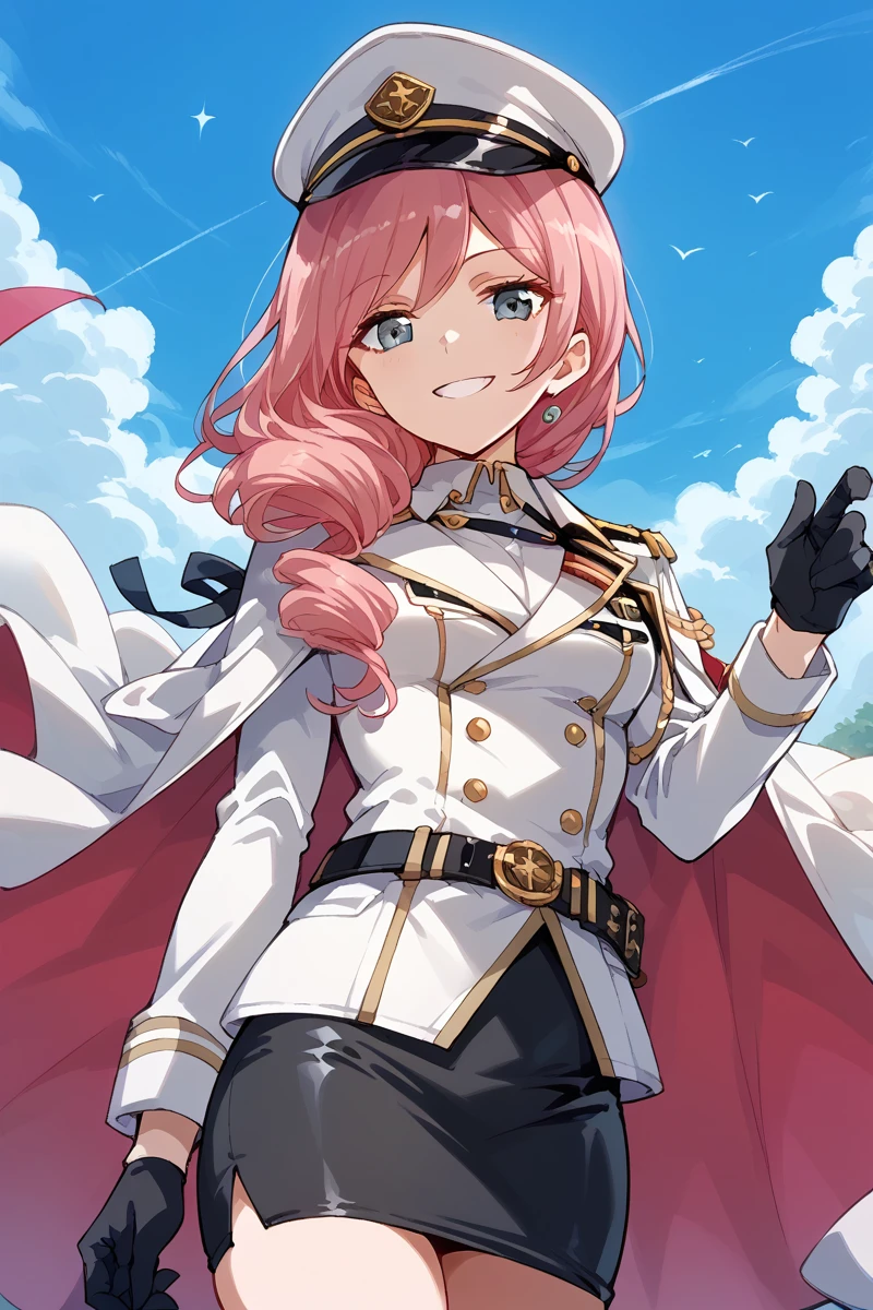 score_9, score_8_up, score_7_up, score_6_up, 1girl,
<lora:Yachiyo_Tsuruhime:0.9> yachiyo, pink hair, solo, gloves, hat, black gloves, white uniform, long hair, smile, looking at viewer, military, military uniform, tight black skirt, belt, cape