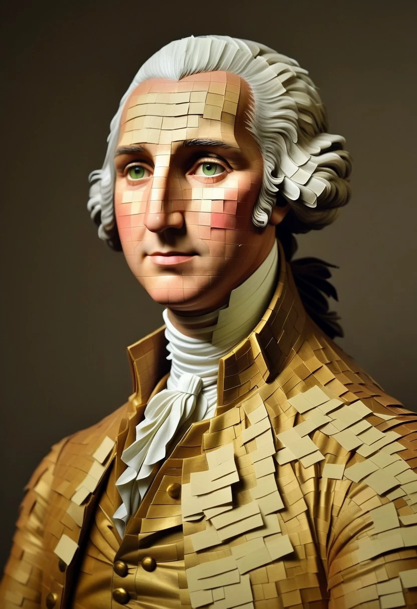 endposit_notesmorph, a cinematic photographic depiction of George Washington made out of paper post it notes, paper sticky notes,  made from 3m post it notes, post it notes, paper texture