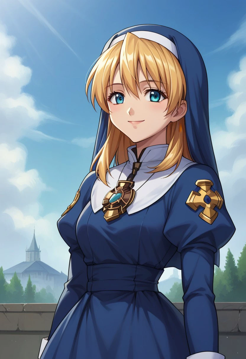 score_9, score_8_up, score_7_up, source_anime, highly detailed, 
rosettech, 1girl, solo, blonde hair, blue eyes, habit, dress, long sleeves, upper body, blue dress, smile,  standing, exorcist uniform, puffy sleeves
outdoor, sky