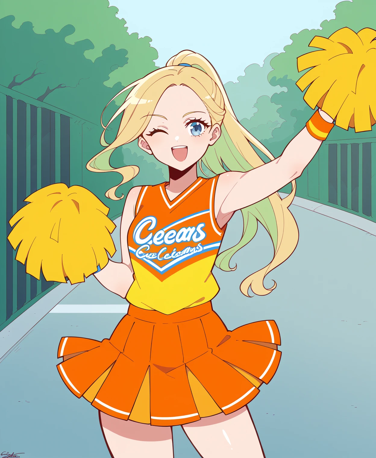 score_9, anna aveiro, holding pom poms, cheerleader, english text on topwear, clothes writing, orange skirt, yellow striped skirt, sleeveless, orange shirt, yellow shirt,
hair tie, orange wristband, ponytail, blonde hair, long hair, green inner hair, blue eyes, wink, solo, 1girl, outdoors
<lora:anna:1>