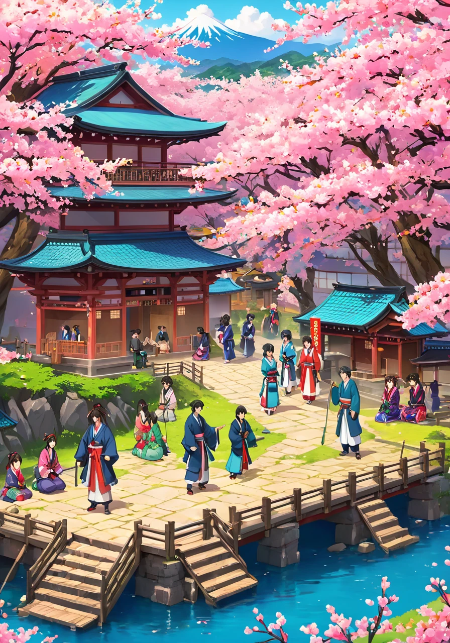 anime artwork a group of people in feudal Japan, <lora:wisosdxl:0.8>, wisosdxl, best quality, masterpiece, isometric scene, ancient Japan, anime, vibrant color, pink cherry blossoms,  . anime style, key visual, vibrant, studio anime,  highly detailed