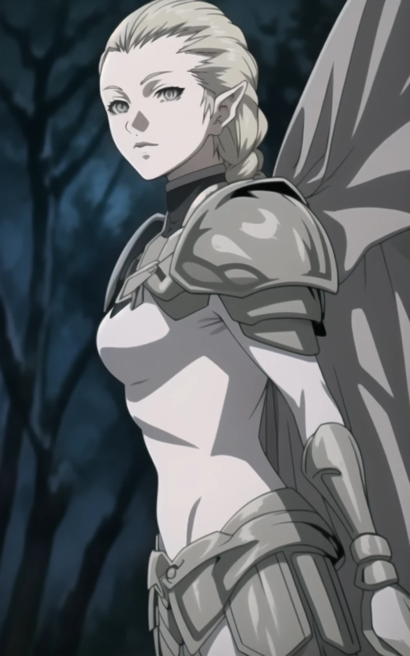 cape, armor, bodysuit, shoulder armor, pauldrons, irene, long hair, white hair, pointy ears, (grey eyes:1.5), colored skin, elf, grey skin, dark elf,