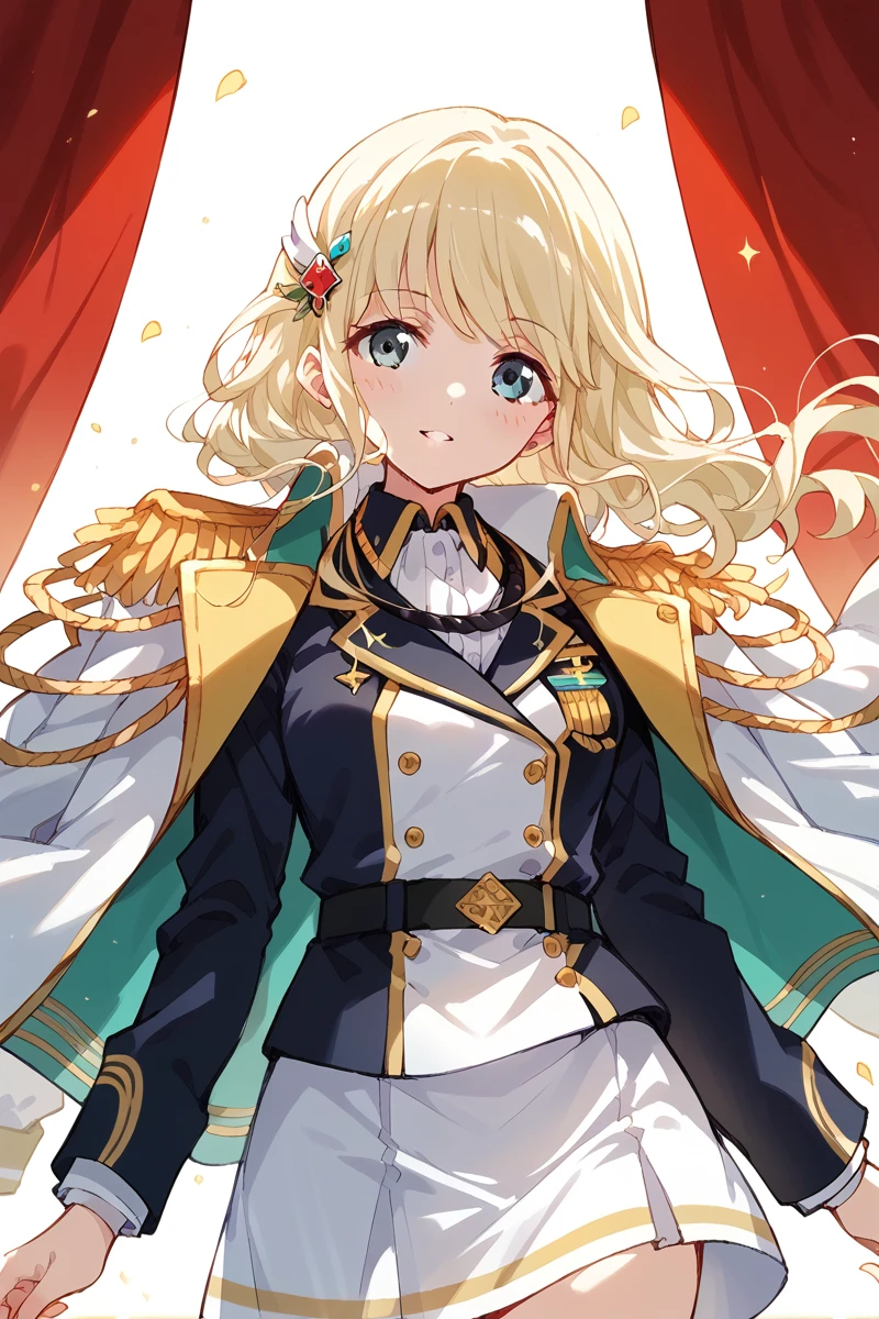 score_9, score_8_up, score_7_up, score_6_up, 1girl,
 <lora:Shiori_Yumeoji:0.9> shiori, blonde hair, jacket on shoulders, epaulettes, hair ornament, jacket, stage outfit, color lights, red curtain,