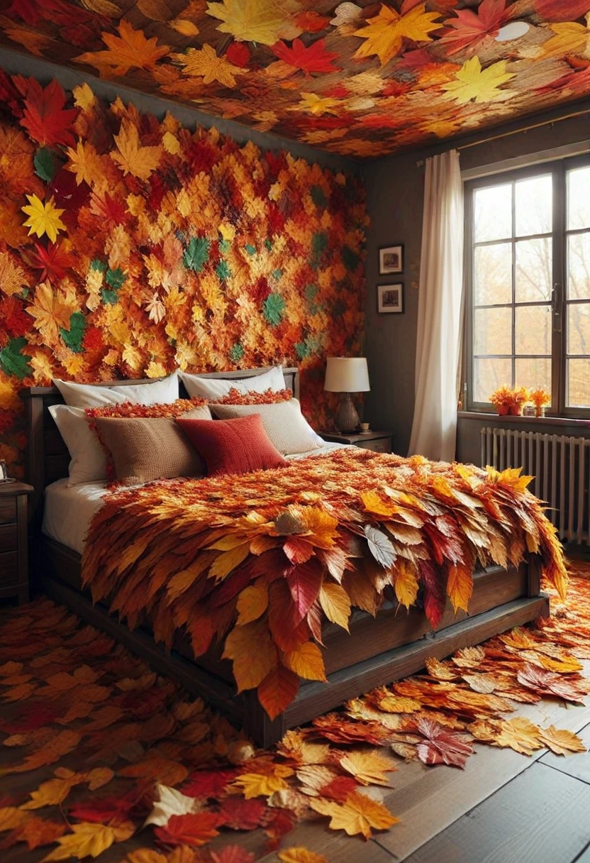 4UTUMNL34V3S, bed made of autumn leaves, set in a bedroom, ,Masterpiece,best quality, photo, realistic, very aesthetic