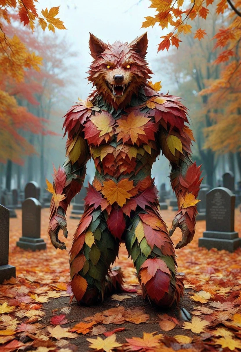 4UTUMNL34V3S, werewolf made of autumn leaves, set in an haunted cemetery at night ,Masterpiece,best quality, photo, realistic, very aesthetic