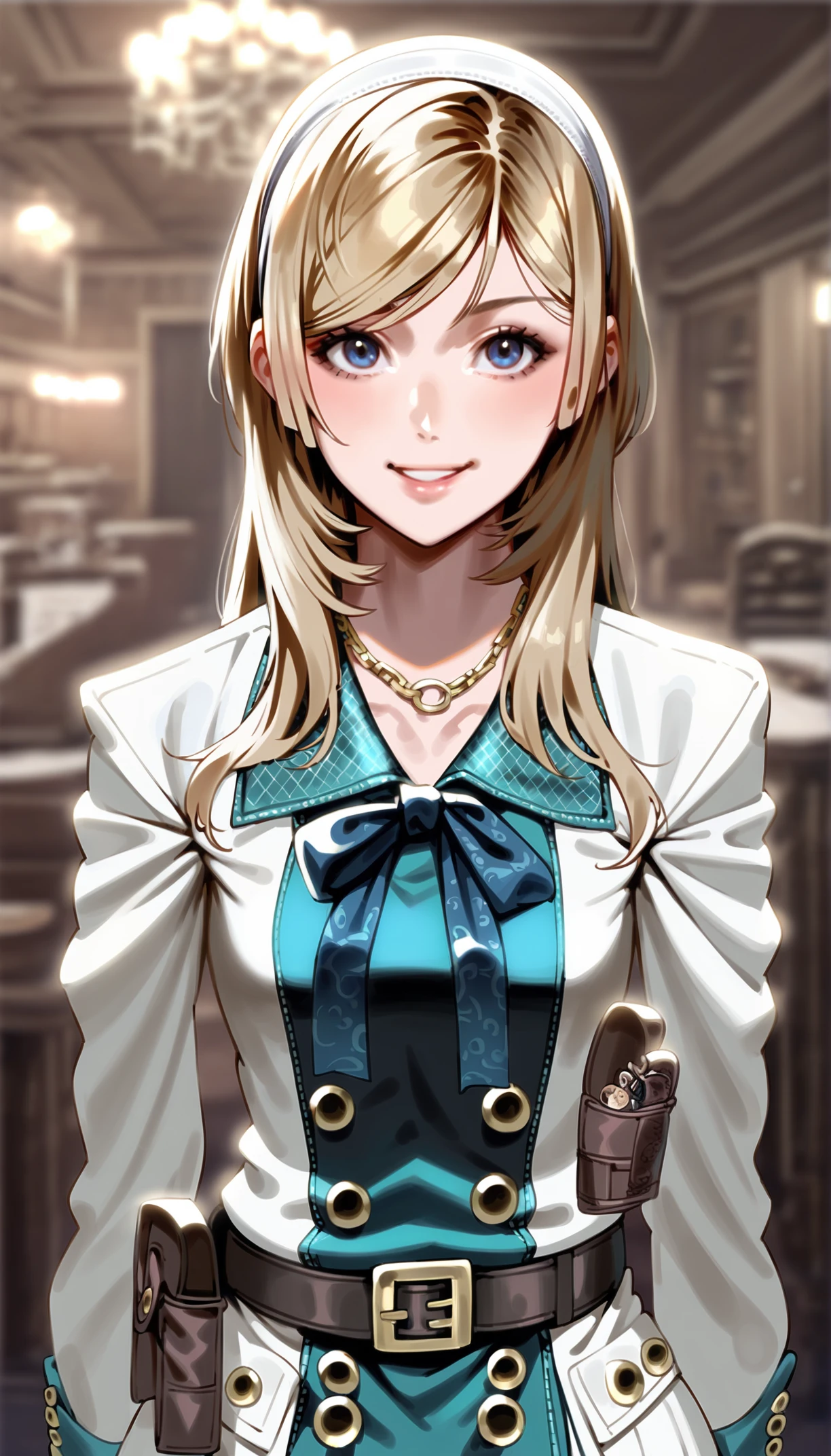 score_9,score_8_up,
(bloom:1.2),
<lora:leanne:1>,leanne,
1girl,solo,blonde hair,long hair,bangs,white hairband,dark blue neck ribbon,blue eyes,looking at viewer,smile,
white knee length coat with teal accents,victorian-inspired dress,necklace,brown belt,belt pouch,black gloves,
upper body, 
indoors,blurry background,living room,