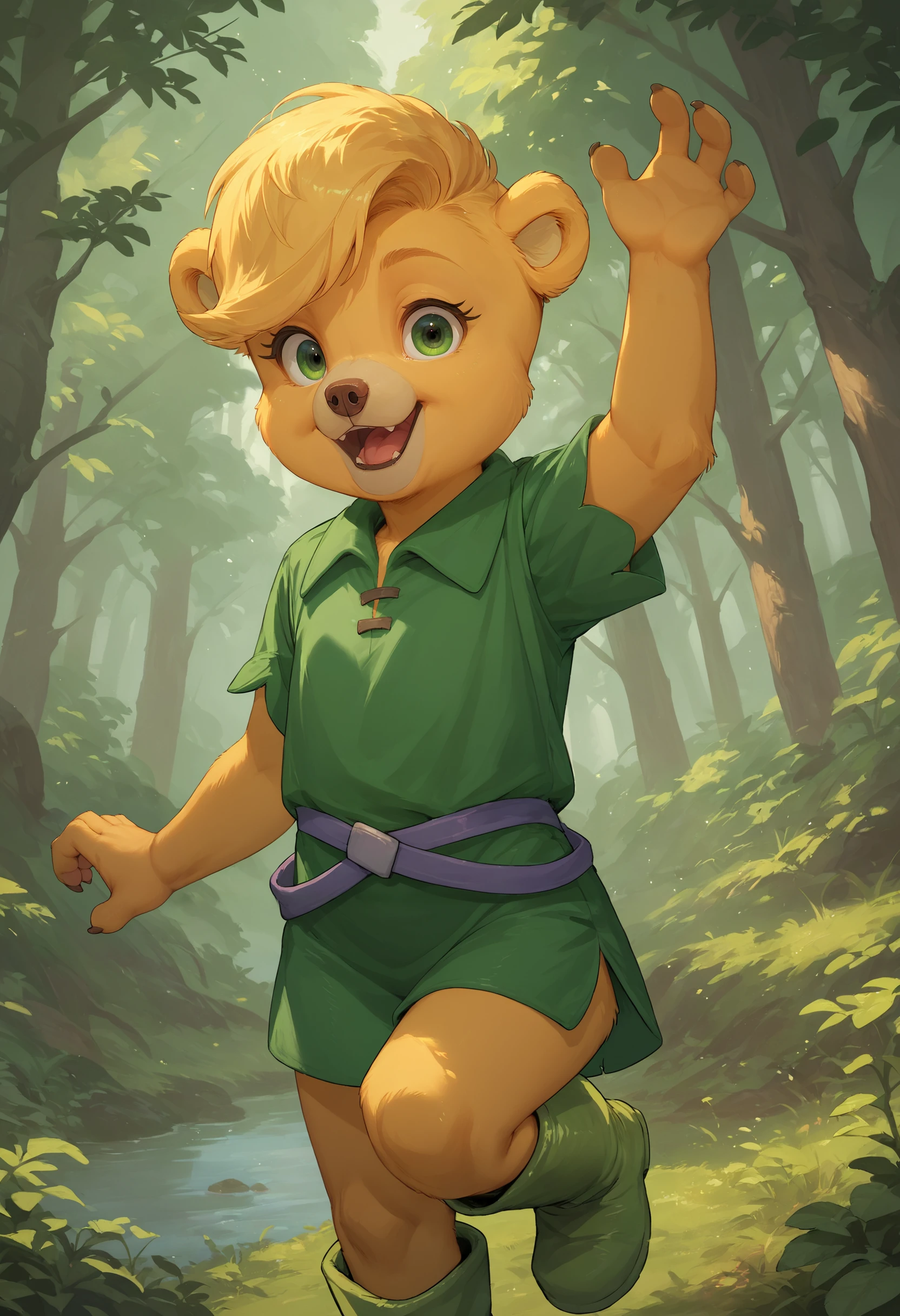 <lora:SunniGummi_PonyXL_v1:0.9>, score_9, score_8_up, score_7_up, rating_safe, source_furry, solo, sunni gummi, young anthro, bear, blonde hair, green eyes, green tunic, green boots, buckled waistband, outside, detailed background, forest, three-quarter portrait, open smile, dynamic pose, looking at viewer