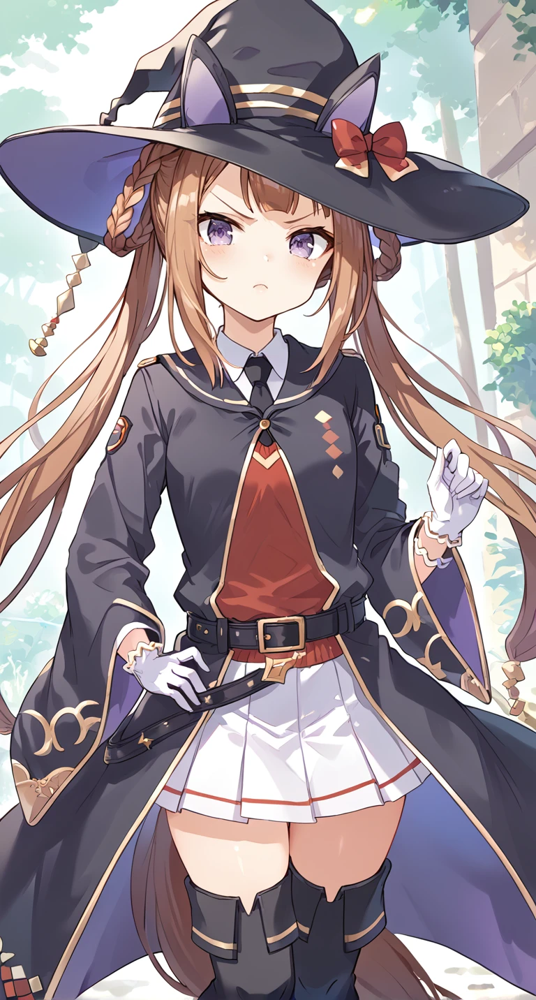 score_9,score_8_up,score_7_up,
official art,official style,game cg,megami magazine,
1girl,
swt race, sweep tosho (umamusume),
animal ears, belt, brown hair, gloves, hair rings, hat, highres,
horse ears, horse girl, long hair, violet eyes, witch hat, blush,
boots, horse tail, necktie, tail, thigh boots, thighs, twintails,
black footwear, black robe, pleated skirt, robe, skirt, white gloves,
white skirt, thigh-highs, black necktie, bow, ear bow, ear covers,
long sleeves, shirt, hat bow, red bow, very long hair, black headwear,
collared shirt, v-shaped eyebrows, twin braids, wide sleeves, hair between eyes,
hair ornament, ears through headwear, white shirt, red shirt, black belt,
open clothes, red sweater, sweater, red vest, vest, black cloak,
black hat, purple eyes, black legwear, belt buckle, buckle, sweater vest,
standing,
<lora:umamusume_sweep_tosho_pony_v1:1>,