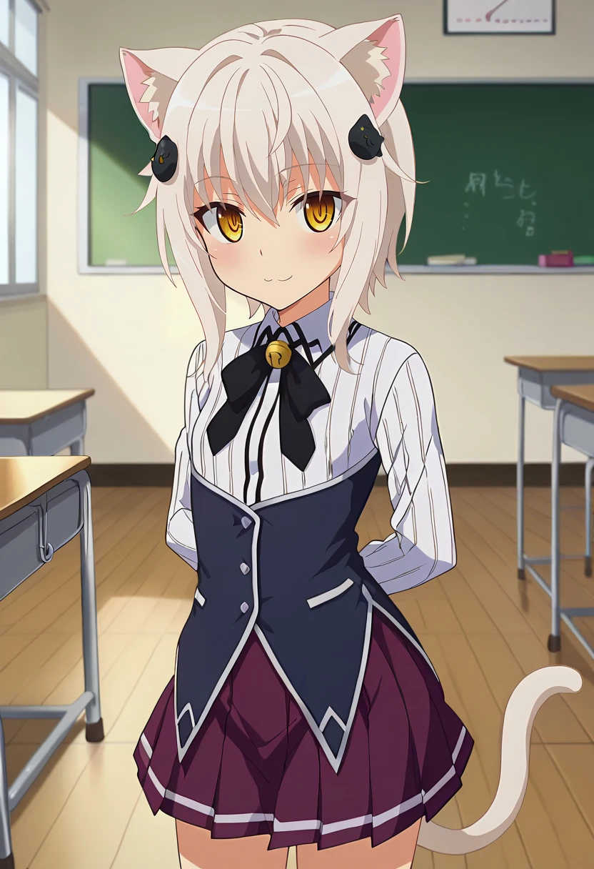 score_7_up, anime screencap,
<lora:HighSchoolDxD(HERO)_ToujoKonekoXL:0.8>, ToujoKoneko,
1girl, solo, light smile, light blush,
white hair, yellow eyes, short hair, hair ornament, cat ears, cat tail,
KonekoSchool, striped shirt, white shirt, long sleeves, black ribbon, black corset, purple skirt,
standing, looking at viewer, arms behind back,
indoors, classroom