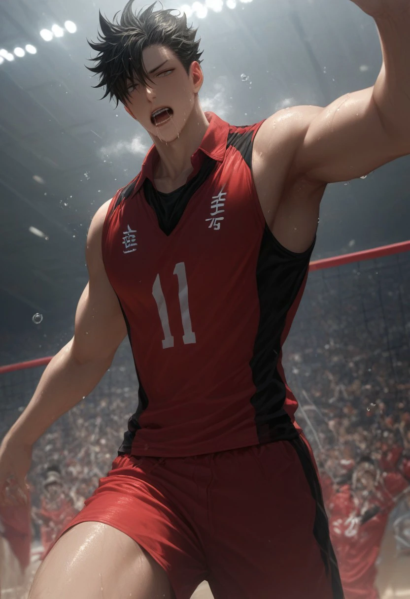 ((fully clothed, volleyball costume, smashing volleyball, volleyball, volleyball court, open mouth, drooling, in the air, floating in the air)) score_9, score_8_up, score_7_up, anime, 19 year old , ((1boy, solo)), male focus, slim toned male, 1boy, toned male, kuroo_(haikyuu!!), male focus, tan skin, solo, toned, broad shoulders, black hair, spiky hair, one sided bangs, masculine jawline, slender, ripped, athletic, solo)), (chest hair), ((oiled up, college sweat after Quidditch game, wet)), Macro detailed realism style photograph, soft lighting, Expressiveh, 1man, restraining viewer, chest close to viewer, heavy breathing, soft bright lighting, looking down, front view, role as top, masculine, intimidating, confident, sweating, sweaty, heavy breathing, steaming, drenched in sweat, wet by sweat, score_9,score_8_up,score_7_up, source_anime, male focus, Muscular, half nude, big thigh, big chest, hung, manly, tall, detailed eyebrow, sharp eyebrows, focus on thigh, hairy thigh, cowboy shot, from below,