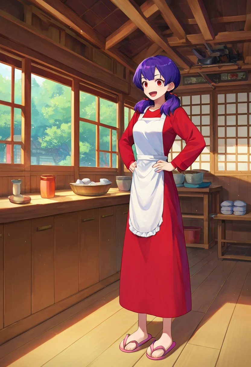 score_9,score_8_up,score_7_Up,source_anime,1girl,purple hair,kantomom, <lora:Kantomompony:0.9>,red eyes,twintails,dress,apron,long sleeves,indoors,in japanese house,hands on hips,full body,slippers,happy,:d