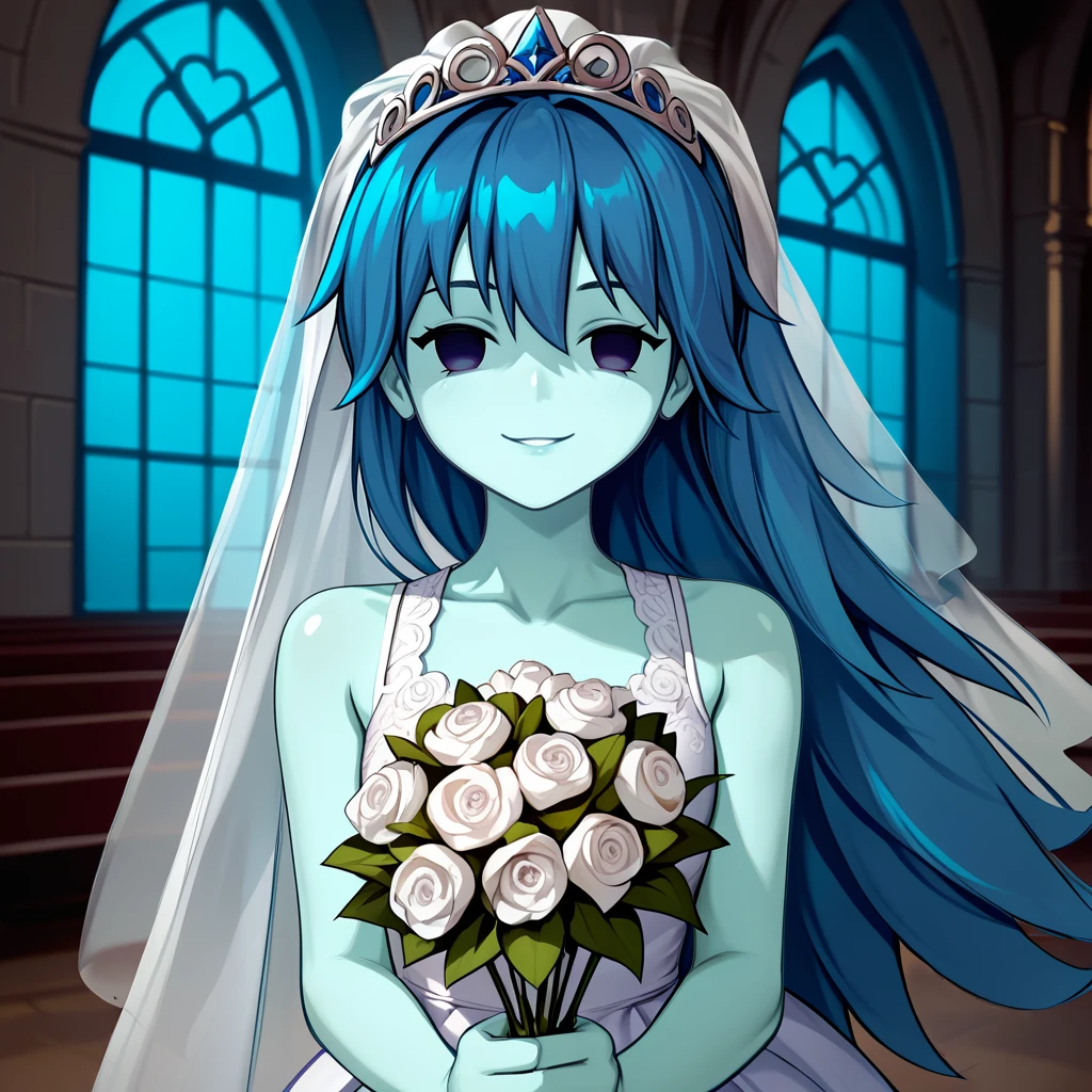 <lora:spooky (6):1>,1girl,ghost girl,spooky (sjm),colored skin,solid oval eyes,transparent, wedding dress, bridal veil, 
indoors, church, depth of field, 
close-up, looking at viewer, smile, holding bouquet,, score_9, score_8_up, score_7_up, perfect anatomy, source_anime, zPDXL2,