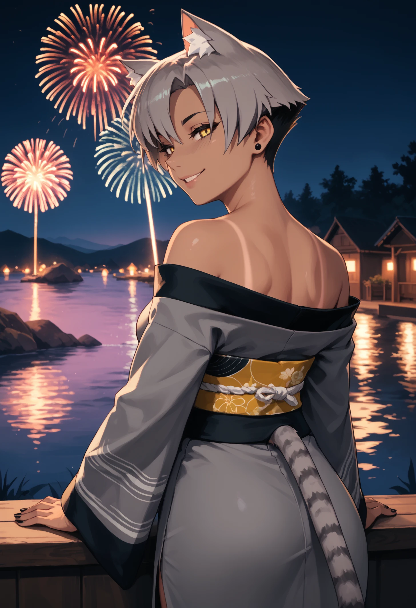 score_9, score_8_up, score_7_up, 1girl, KaraVert, dark-skinned female, animal ears, striped tail, grey tail, yellow eyes, grey hair, short hair, stud earrings, black nails, medium breasts, toned,
grey kimono, off-shoulder kimono, tanlines,
looking at viewer, looking back, smile, smug, bedroom eyes, cowboy shot, rear view,
outdoors, night, dark, fireworks, river,
<lora:Kara-VertigrisPDXL_V1-Manityro-CAME:1.0>,