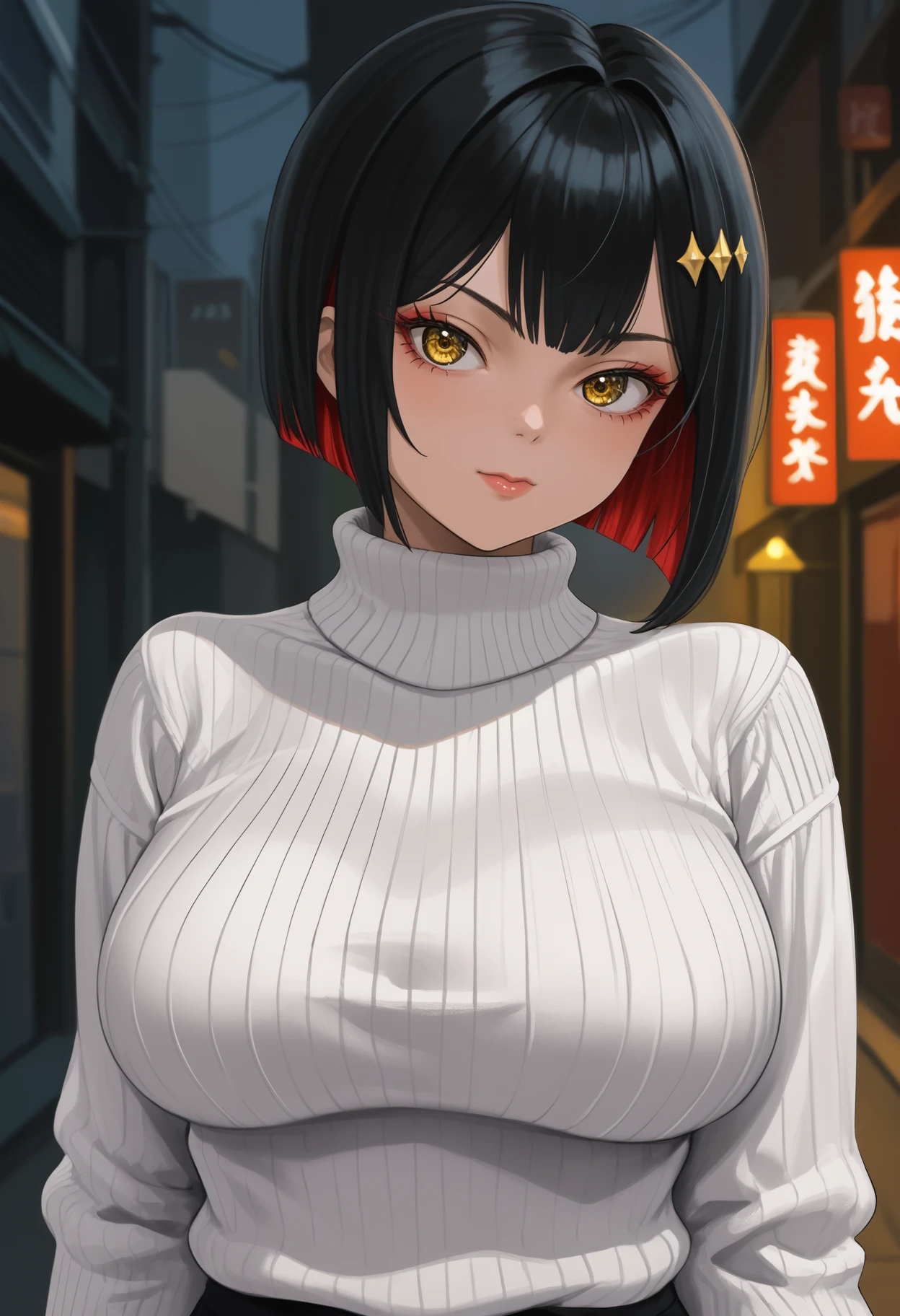 score_9, score_7_up, source_anime BREAK 1girl, solo, <lora:rouge-nikke-richy-v1_pdxl:0.9> rgnkk, yellow eyes, black hair, red hair, colored inner hair, short hair, hair ornament, large breasts, white sweater, ribbed sweater, turtleneck sweater