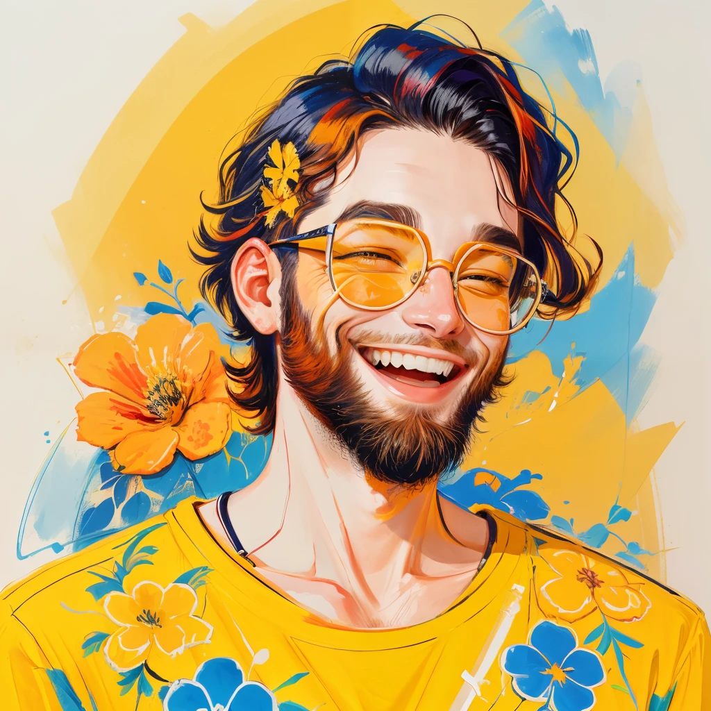 A vibrant gouache-style portrait of a laughing young man with beard and wearing cooling glasses and yellow floral top.