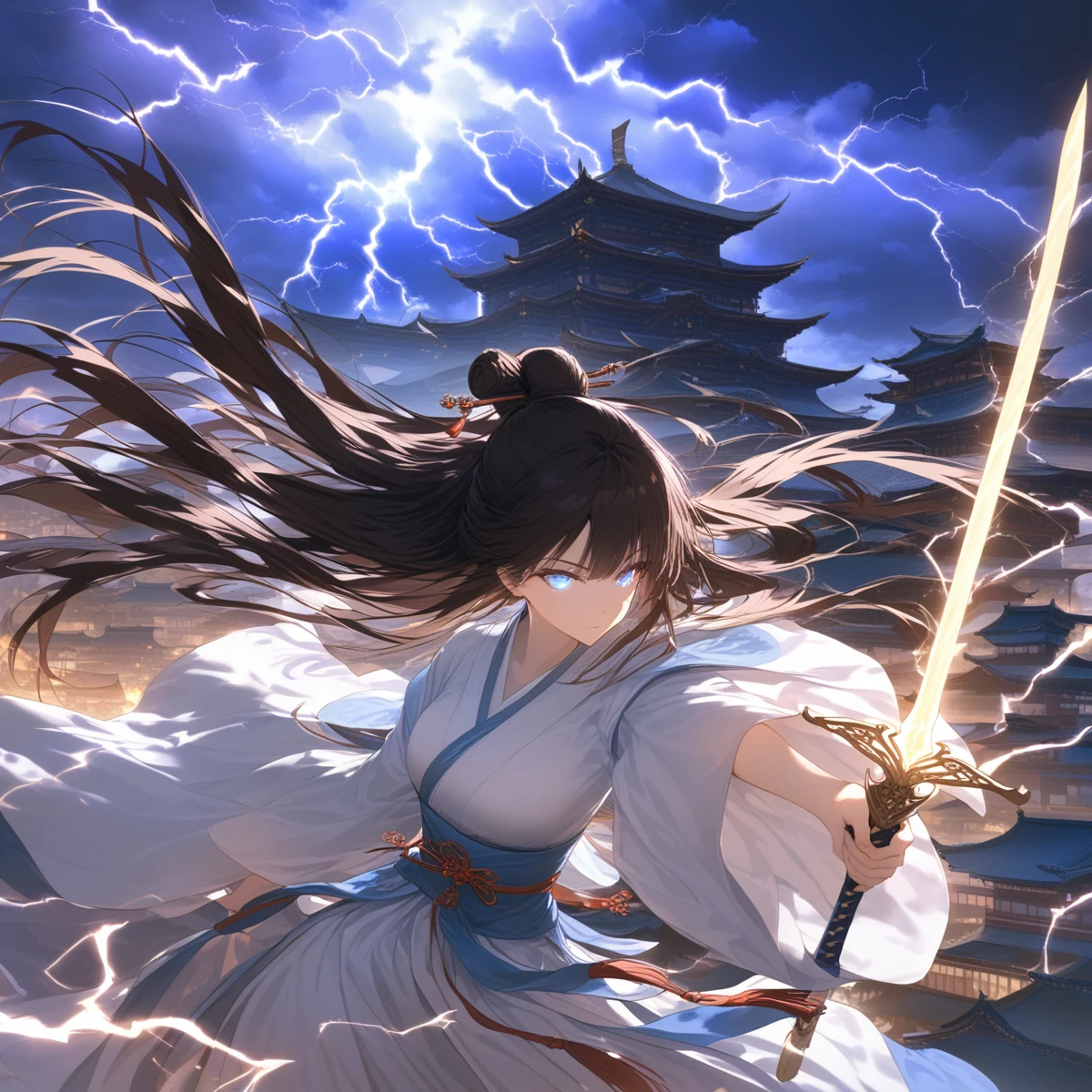 score_9,score_8_up,score_7_up,beautiful,beautiful ultra detailed eyes,detailed face,intricate details,hyper-detailed,pretty,beautiful face,weapon,long hair,sword,solo,holding weapon,gfjiansi,black hair,glowing weapon,holding,1girl,sky,architecture,holding sword,arm up,east asian architecture,standing,sash,chinese clothes,glowing sword,long sleeves,outdoors,night,building,cloud,lightning,hair bun,white dress,floating hair,glowing,wide sleeves,electricity,dress,blue theme,closed mouth,blue eyes,hanfu,bangs,<lora:gfjiansi:0.7>,