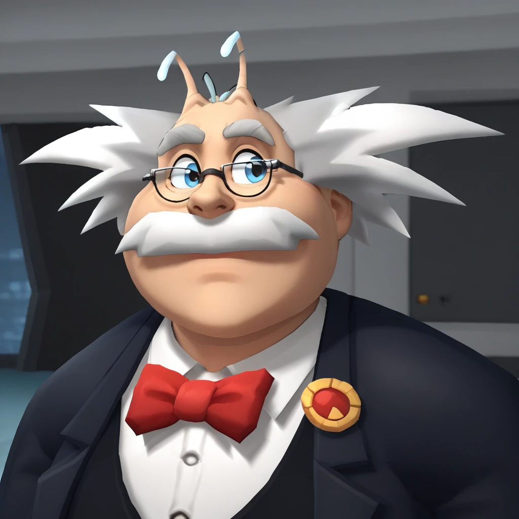 score_8_up, BREAK,  ABERCROMBIEFIZZWIDGET, 1boy, solo,  grey hair, mustache, antenna, glasses, formal, suit, white background, red bowtie, upper body,  <lora:AbercrombieFizzwidget_PXL_Leaf1:1>, indoors, arms at sides,