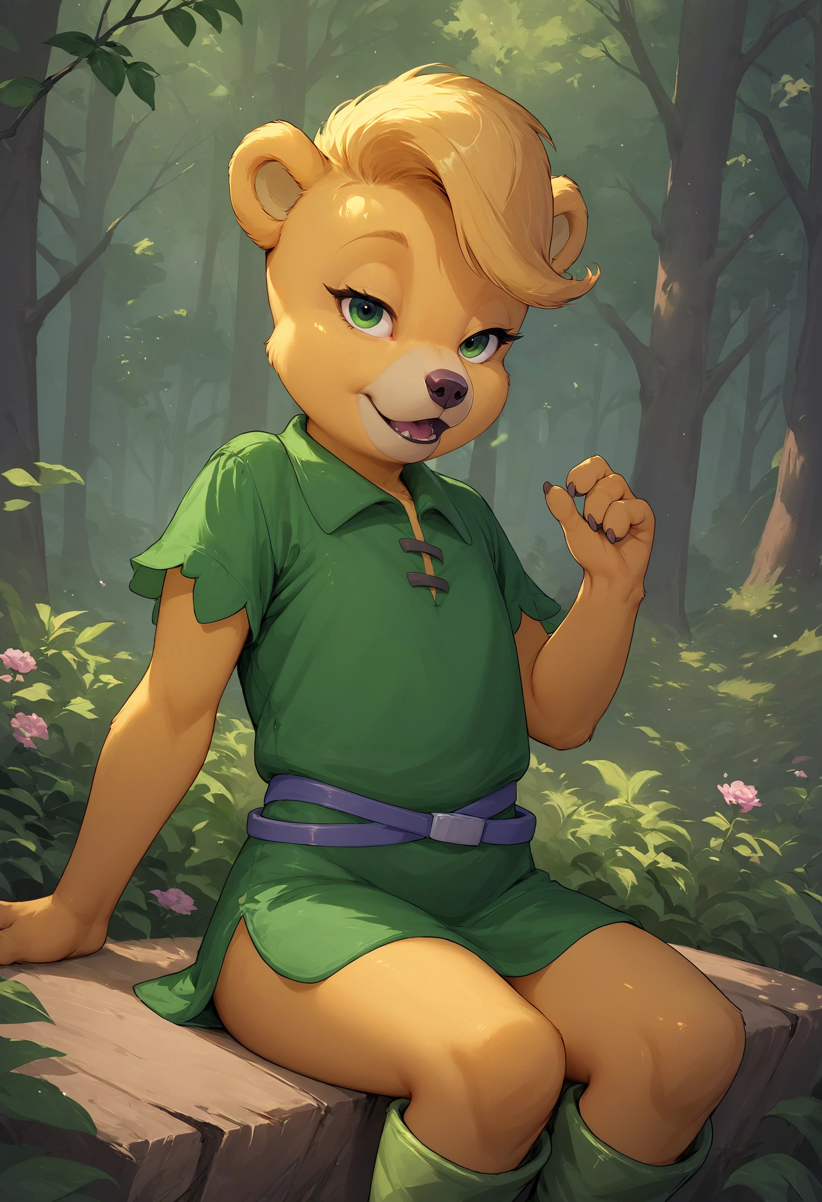 <lora:SunniGummi_PonyXL_v1:0.7> <lora:age_slider_v4:2>, score_9, score_8_up, score_7_up, rating_questionable, source_furry, solo, sunni gummi, young anthro, bear, blonde hair, green eyes, green tunic, green boots, buckled waistband, outside, detailed background, forest, looking at viewer, thighs, open smile, lidded eyes