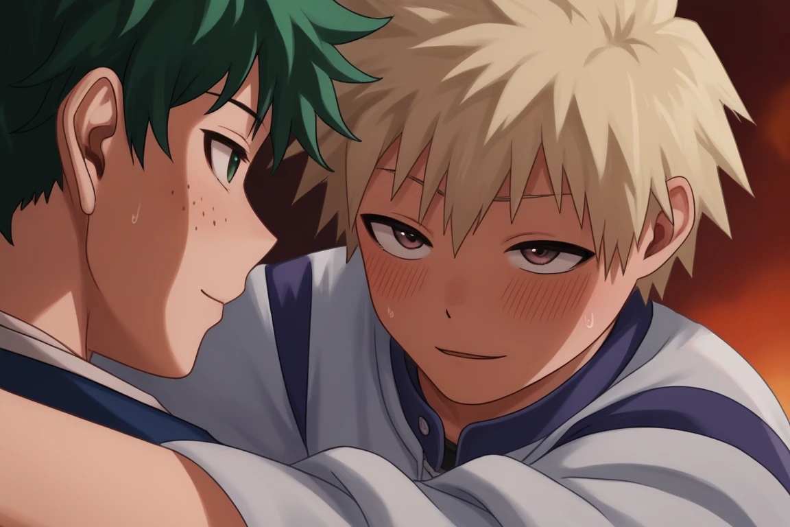 score_9, score_8_up, score_7_up, score_6_up, detailed, intricate details, highres, absurdres ,source_anime, cowboy shot,
2boys, SOLO focus, yaoi, wiid,sweat, blush, looking at another, eye contact, SWEATDROP, seductive smile,
BREAK midoriya_izuku
BREAK bakugou katsuki<lora:EMS-430683-EMS:1.000000>