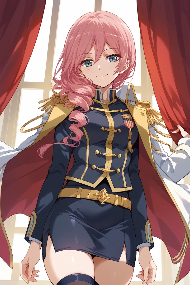 score_9, score_8_up, score_7_up, score_6_up, 1girl,
<lora:Yachiyo_Tsuruhime:0.9> yachiyo, pink hair, solo, tight skirt, long hair, jacket, jacket on shoulders, epaulettes, looking at viewer, smile, hair between eyes, thighhighs, belt, aiguillette, stage outfit, color lights, red curtain,