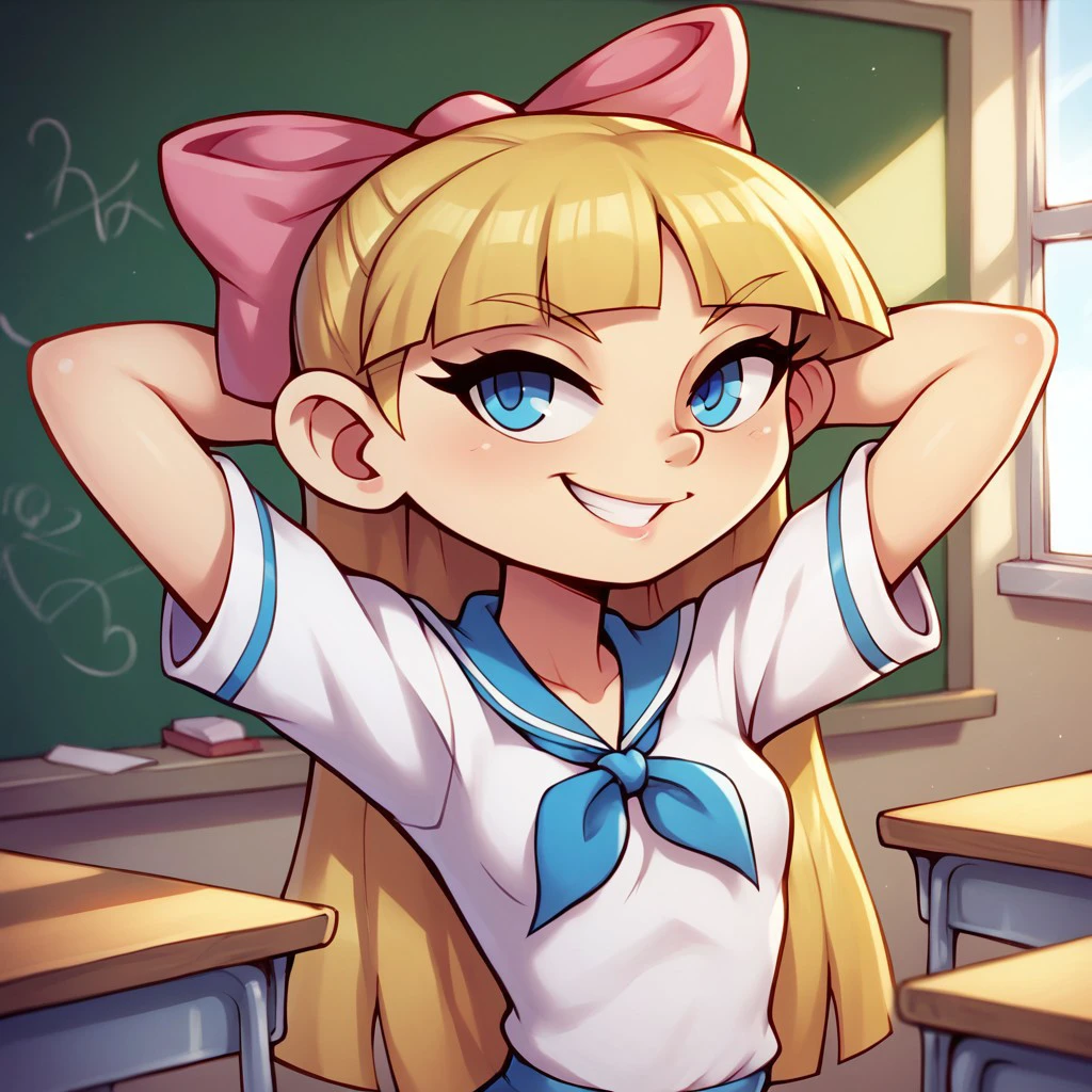 score_9, score_8_up, score_7_up, BREAK, kndashley, hair bow, blonde hair, blue eyes, classroom, smile, hands behind head