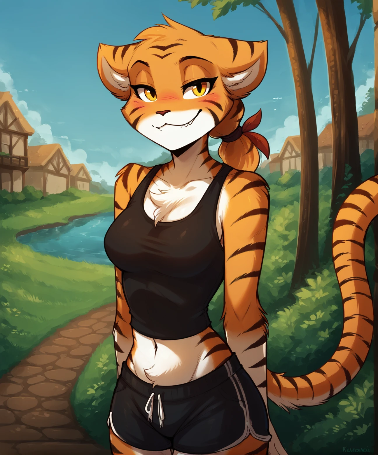 score_9, score_8_up, score_7_up,score_6_up,score_5_up, source_furry
BREAK
solo, furry female anthro, medium breasts, (blushing, seductive, smug), tank top, midriff, dolphin shorts, (outdoors, park), upper body shot
BREAK
<lora:Therie-Twokinds-SDXL-AnonTK-V4:0.8> , therie-twokinds, keidran, mammal, tiger tail, yellow eyes, medium hair, low ponytail