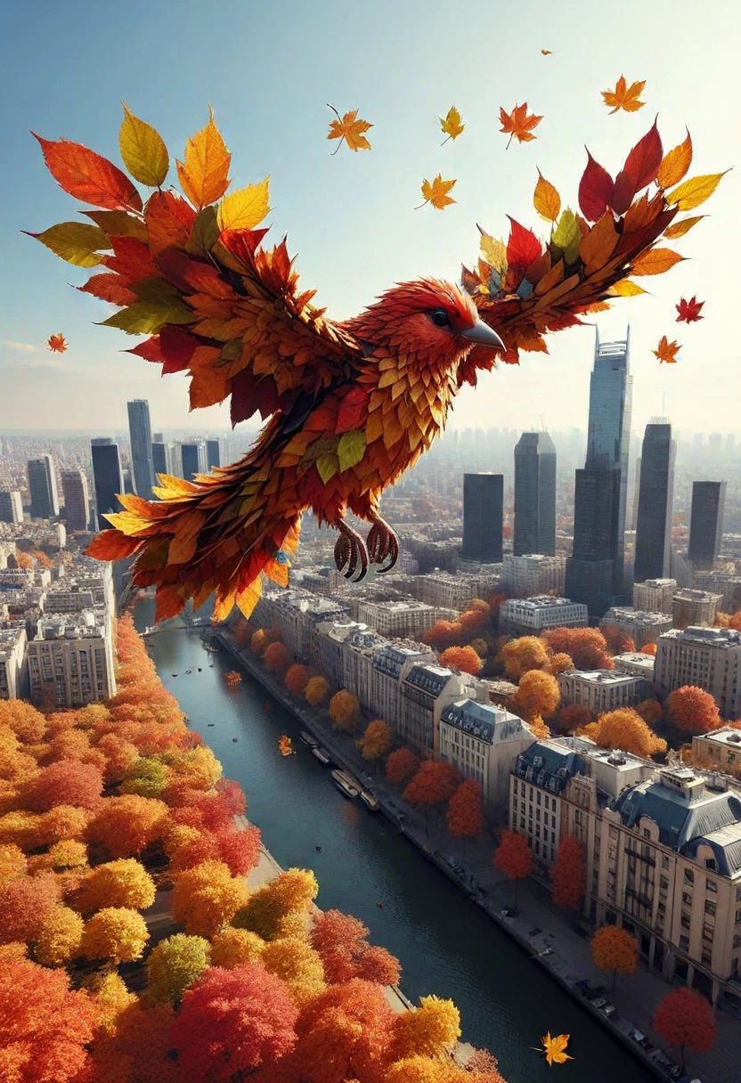 4UTUMNL34V3S, bird made of autumn leaves, flying above a city, ,Masterpiece,best quality, photo, realistic, very aesthetic