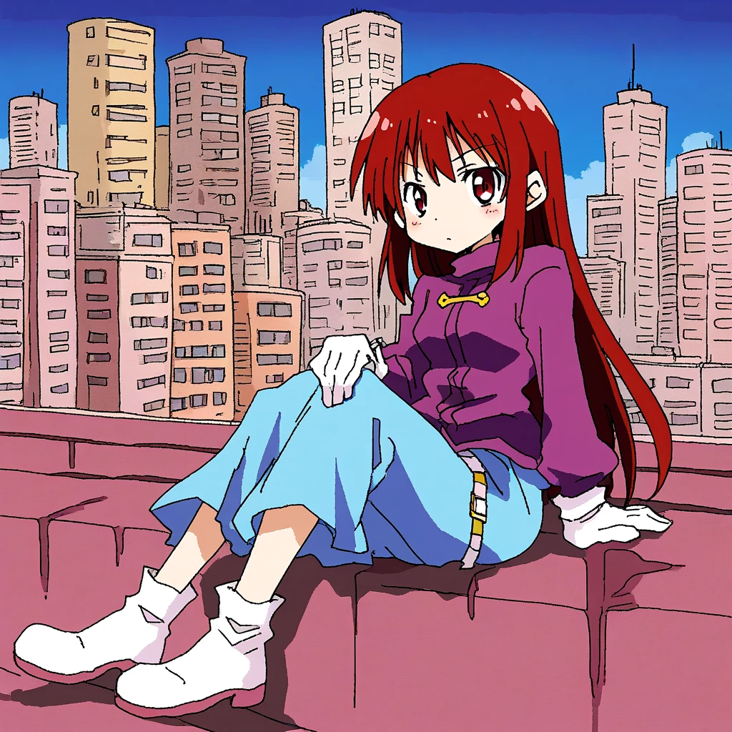 <lora:comic_SDXL_v1:0.5>, (anime coloring:0.8), girl, solo, full body, manga_art, iniphizi, long sleeves, sitting, oekaki, gloves, city