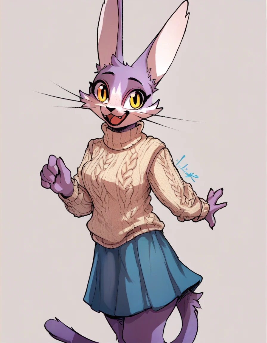 score_9, score_8_up, score_7_up, score_6_up, score_5_up, score_4_up, by doodle dip, herpetarium, miadothack, domestic cat, anthro, female, yellow eyes, whiskers, looking at viewer, open smile, beige sweater, blue skirt <lora:Miadothack-PonyXL_04-nd64-lr2-1440:1>