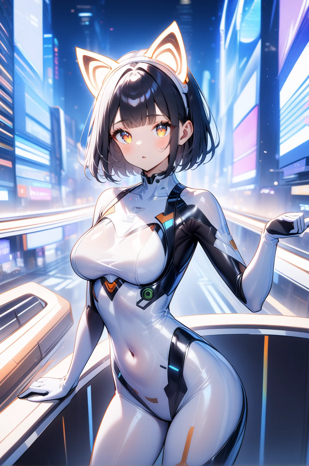 1girl, <lora:glowingears:0.8>glowing ears,cat ears,short hair, black hair,bodysuits,cyber city,