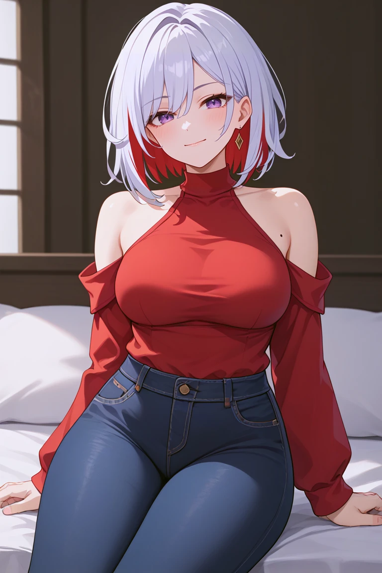 masterpiece,high quality,anime_source,score_9, score_8, best quality, high definition, highres, TopazBren, 1girl,purple eyes, white hair, mature female, blush, mole, two-tone hair, mole on thigh, medium hair, thighs, mole on breast,thicc, large thigs, sitting, bare, bare shoulders, bare thighs, medium breasts, smug, smile, :), red shirt, black jeans<lora:EMS-384508-EMS:0.500000>, <lora:EMS-430146-EMS:0.800000>