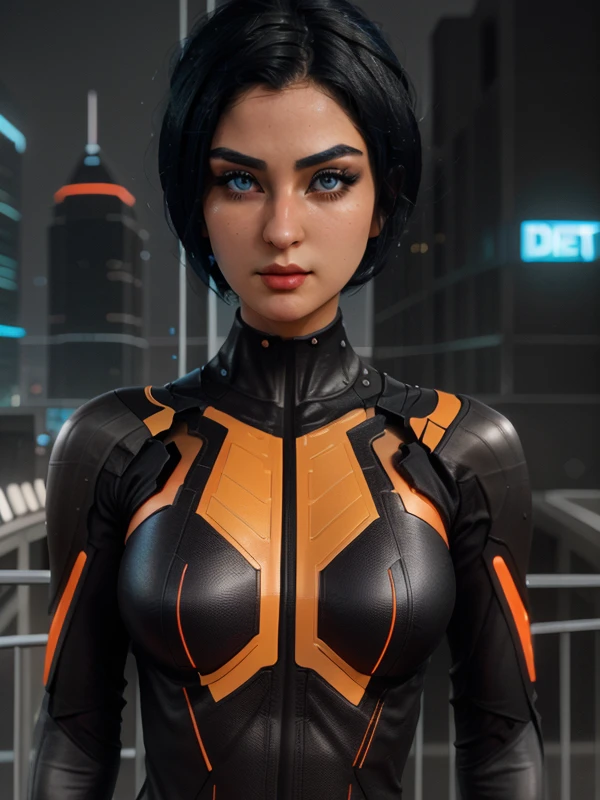 (Kira)+, (best quality:1.5) young female, woman, short black one side oriented hair, blue glowing eyes, black bodysuit with orange lines, classic kira appearance, correct suit, focus on face, epic city scenery, best quality, high resolution, highly detailed, realistic, photo, correct proportions, detailed drawn face, (correct eyes)++, (perfectly drawn eyes),  <lora:kira:0.9>