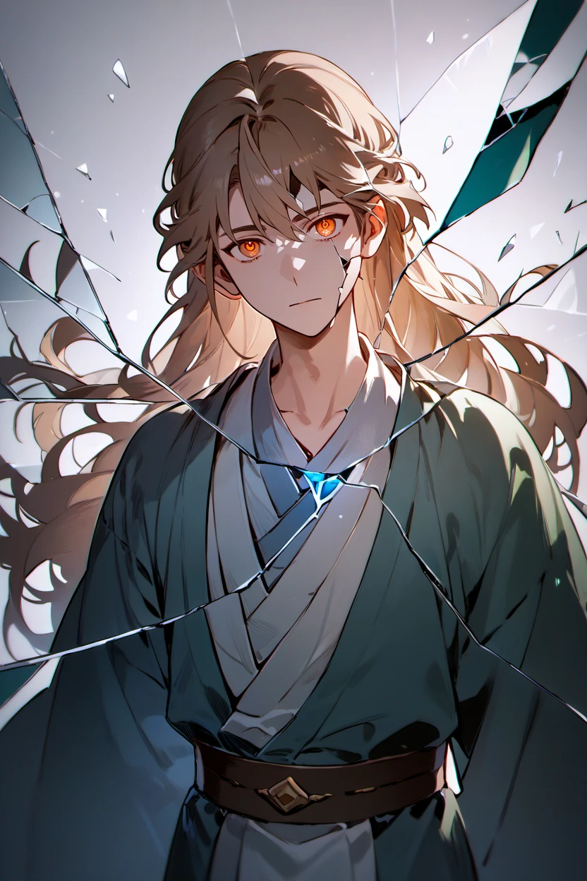 score_9, score_8_up, score_7_up, masterpiece, best quality, 1boy, solo, young boy,  <lora:ShenTafeiPony_V2:1> shentafei, green hanfu, long hair, light brown hair, ginger eyes,  <lora:ShatteredGlass_XLPD:0.8> shattered, crack, cracked skin, broken glass