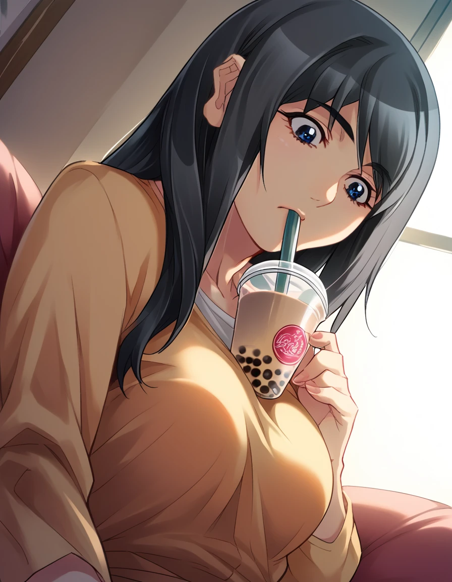 score_9, score_8_up, score_7_up, source_anime, <lora:nanami-honda-ingame-ponyxl-lora-nochekaiser:1>, nanami honda, long hair, blue eyes, black hair, medium breasts,, <lora:bubble-tea-challenge-ponyxl-lora-nochekaiser:1>, bubble tea challenge, bubble tea, object on breast, drinking straw, drinking straw in mouth, drinking, cup,, indoors, sitting, looking down, , cowboy shot, dutch angle