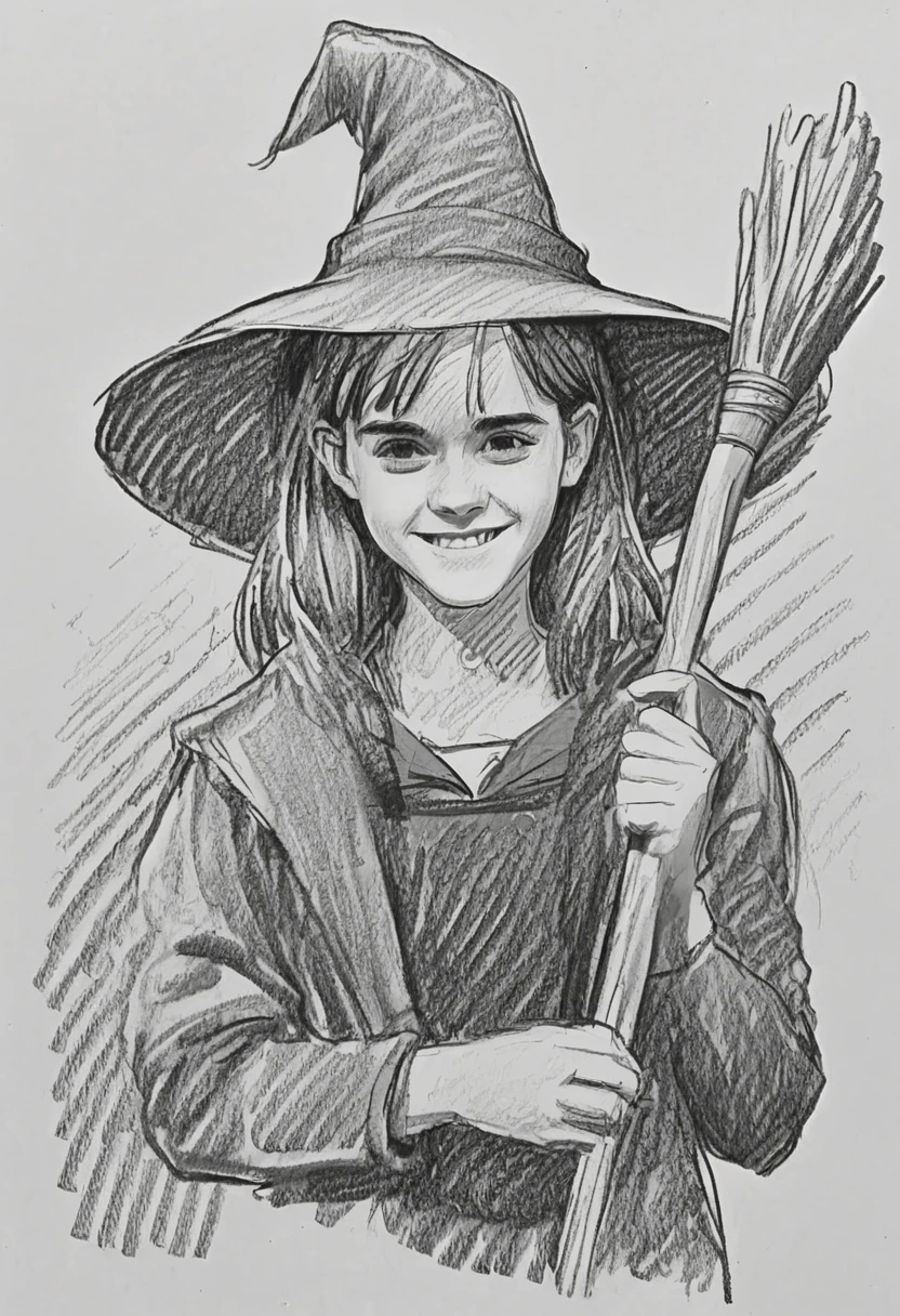 <lora:Pencil_Sketch-06R:1>pencil sketch of Emma Watson young witch with broom in her hand, wizard hat, grin, upper body