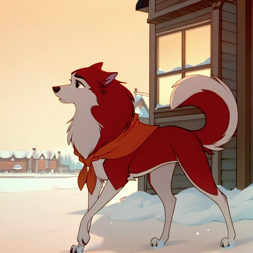 score_9, score_8_up, score_7_up, score_6_up, score_5_up, score_4_up, BREAK,  1girl, jenna\(balto\), two tone fur, red fur, canine, no humans, solo, amber eyes, neckerchief, animal, outside, snow,  <lora:Jennabalto:1>