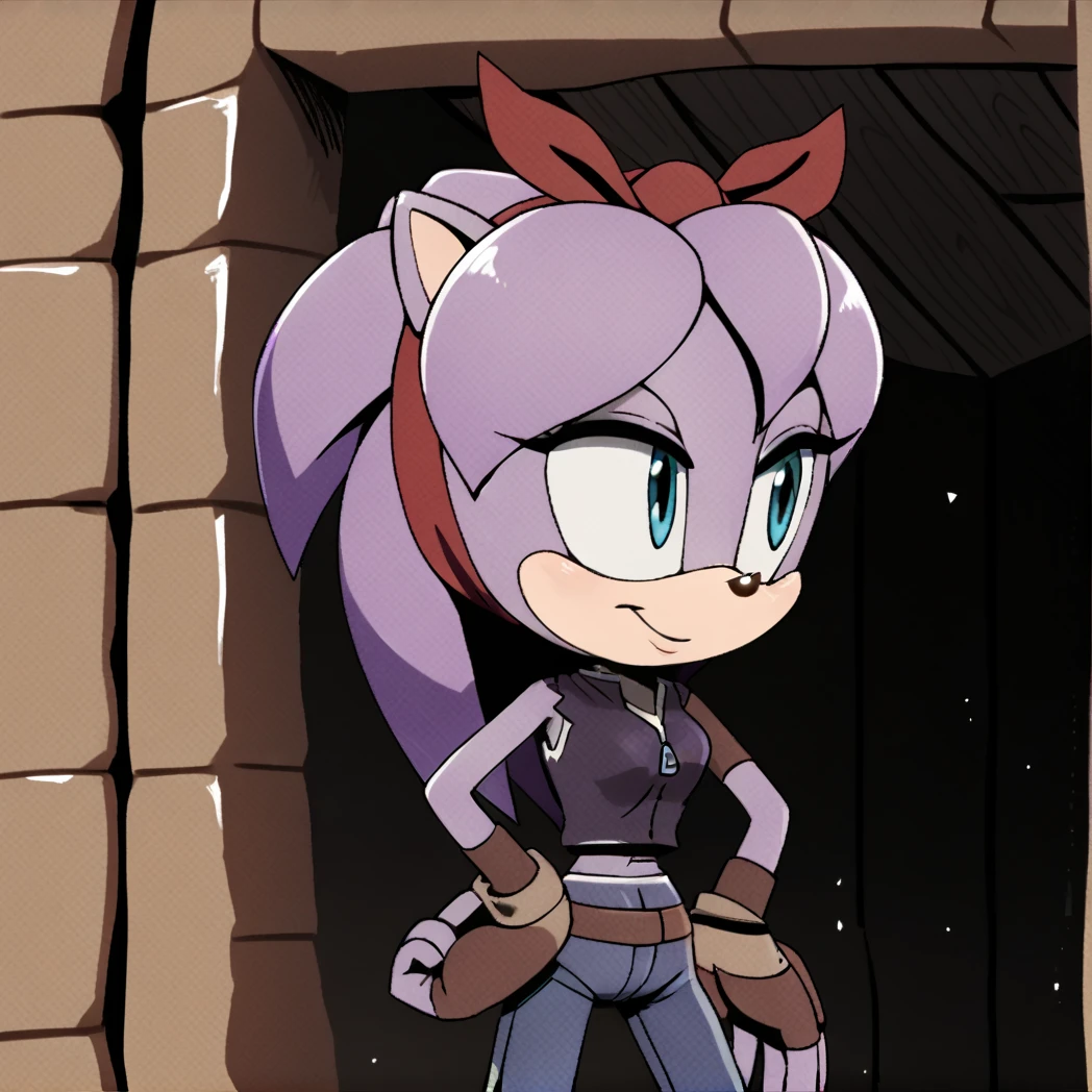 score_9, score_8_up, score_7_up, score_6_up, score_5_up, score_4_up, BREAK,  <lora:percibandicoot:1>, perci bandicoot, 1girl, solo, breasts, purple fur, purple hair, blue eyes, furry female,, hair ribbon, standing, jeans, midriff, sleeveless, zipper,  <lora:TMoStH_v2-1:1> (tmosth), (flat color, black shading, sloppy coloring), hatching \(texture\)