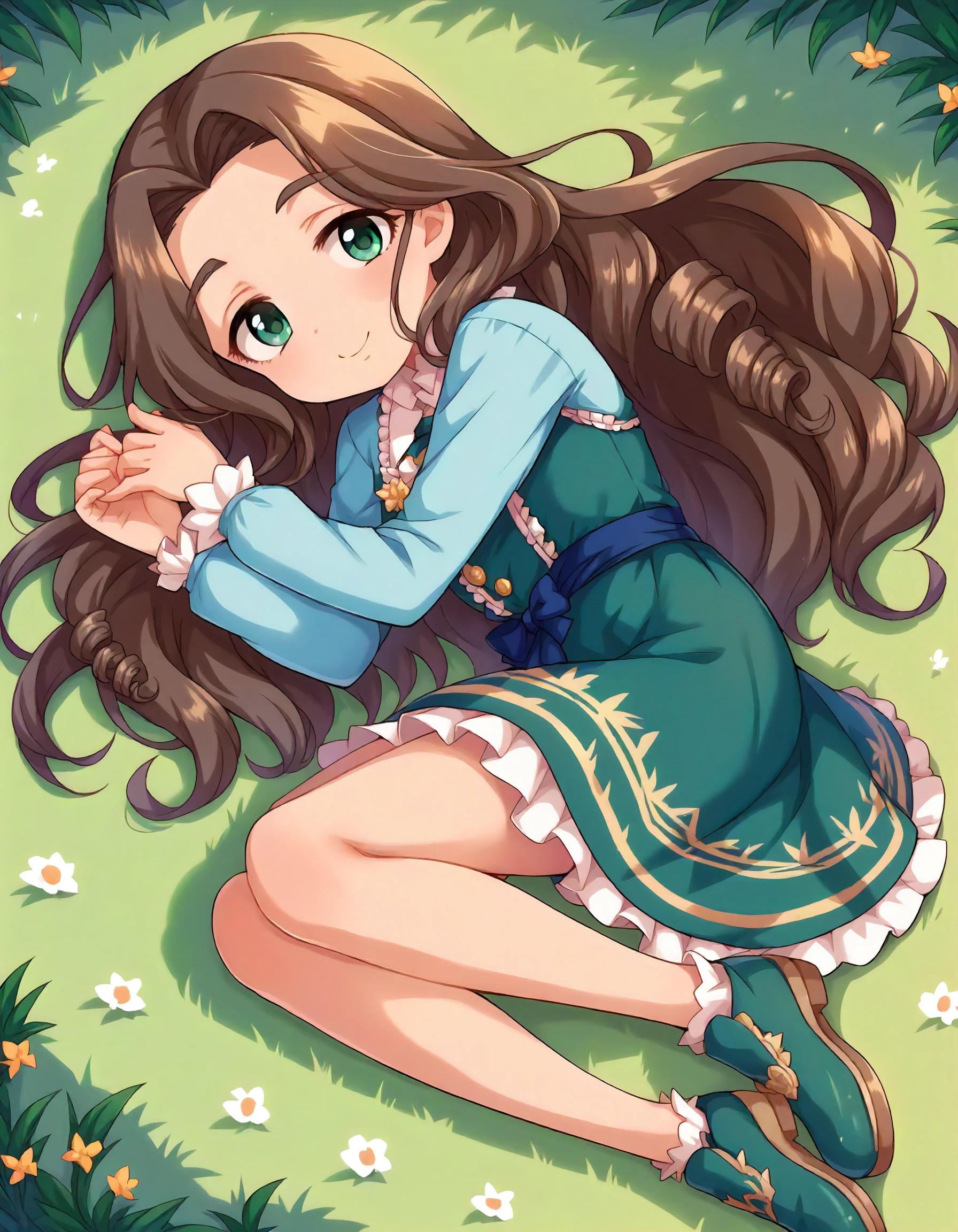 score_9,score_8_up,score_7_up,1girl,solo,lying on side,full body,looking at viewer,grass,smile,
<lora:kusakabewakaba_ponyXLV6:0.8>,cgkw,kwha,brown hair,long hair,drill hair,wavy hair,green eyes,thick eyebrows,
green dress,frilled,shoes