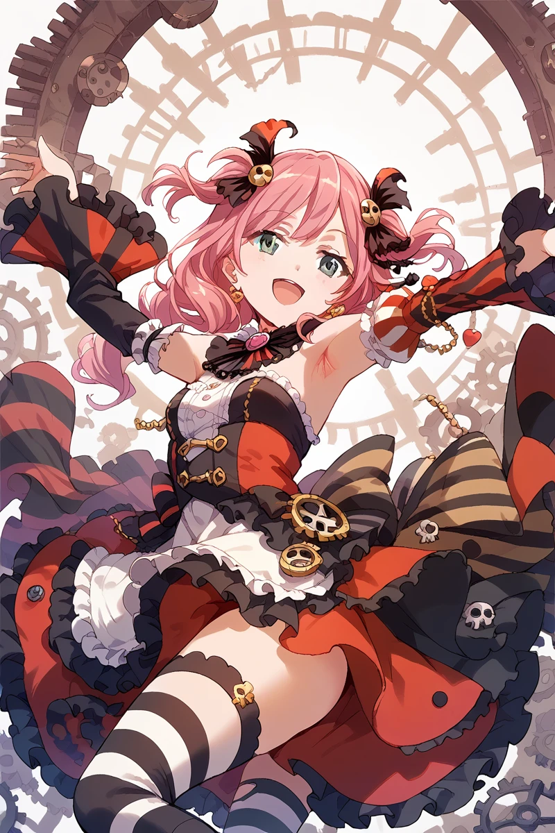 score_9, score_8_up, score_7_up, score_6_up, 1girl,
<lora:Yachiyo_Tsuruhime:0.9> yachiyo, pink hair, solo, armpits, detached sleeves, frills, gears, thighhighs, jewelry, smile, dress, hair ornament, open mouth, striped, asymmetrical legwear, royal,