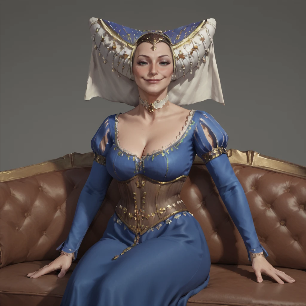 score_9, score_8_up, score_7_up, cowboy shot,
BretonnianProphetess, mature woman, voluptuous, headress, hat, juliet sleeves,
looking at viewer, blush, small smile, horny, aroused, lidded eyes,
sitting on couch,
<lora:BretonnianProphetess:0.8>