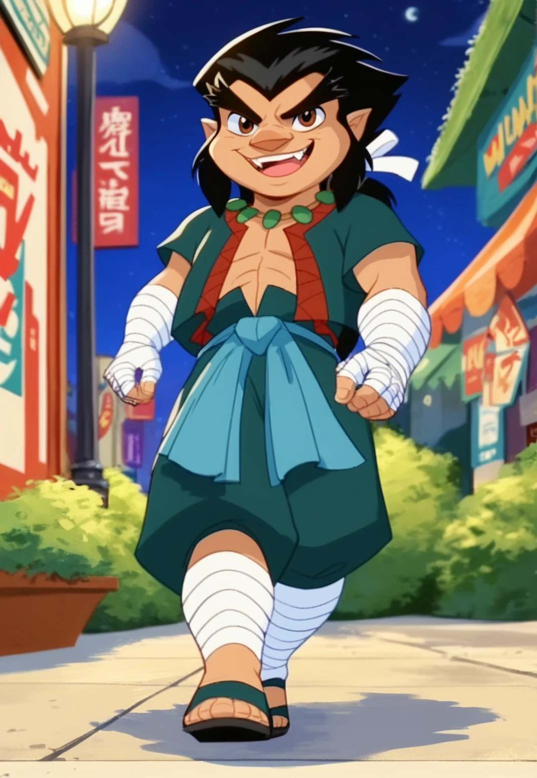 score_9, score_8_up, score_7_up, score_6_up, score_5_up, score_4_up zPDXL , light effects, high quality, disney art style,
BREAK,
<lora:Lee aka Lai Chen BeyBlade:0.9>,leebb, 1boy, black hair, male focus, solo, red and green open top, jewelry, necklace, white hair ribbon, fangs, green pants, arm bandages, brown eyes, bandages, belt, pointy ears, leg bandages, long hair, thick eyebrows,shoes,simple mouth, smiling, beautiful eyes, shortstack,
BREAK,
full body,(close view:1),outside,(night:1.3),Asian street lamps,