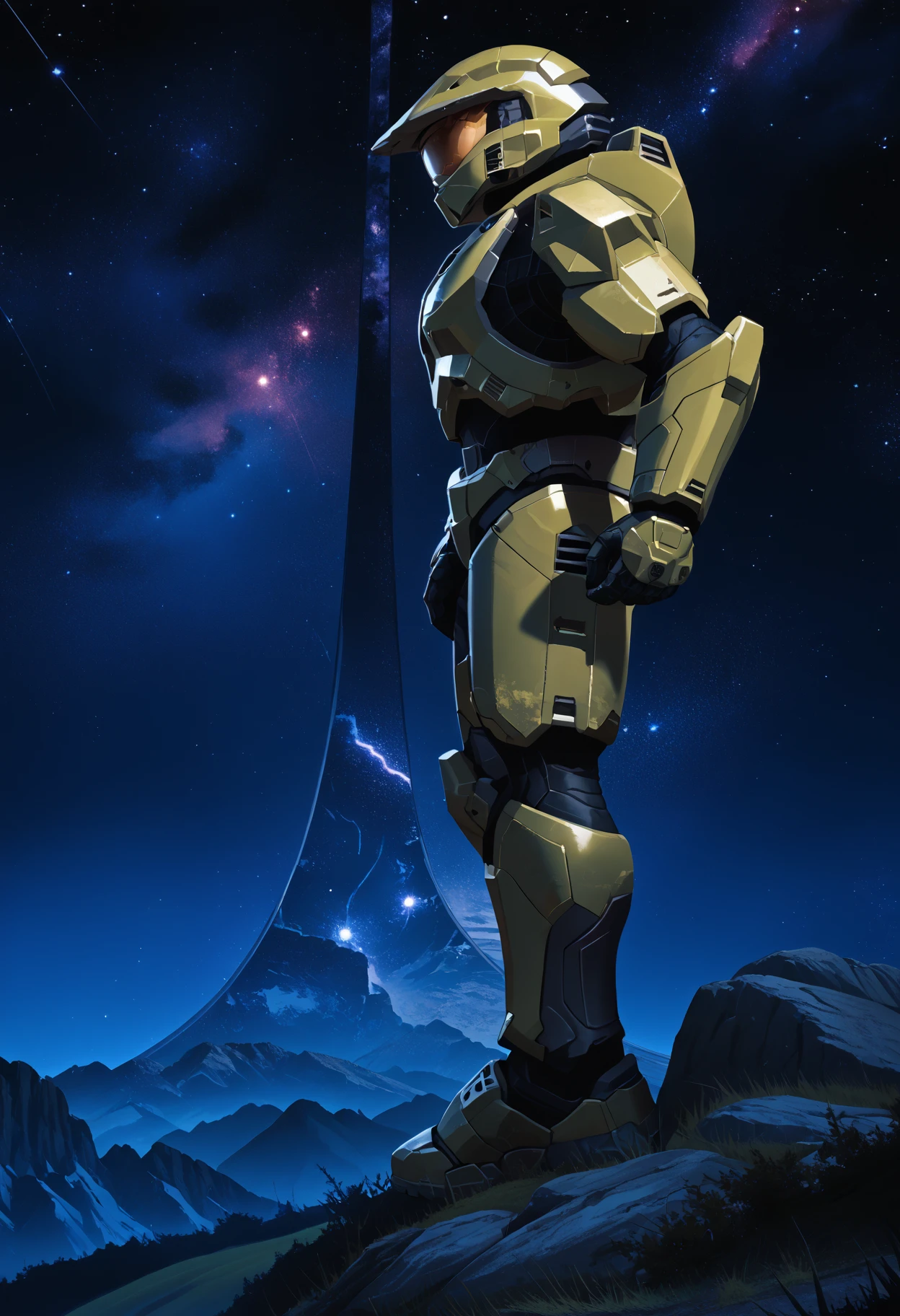 score_9, score_8_up, score_7_up, source_anime BREAK 1boy, solo, standing,<lora:masterchief-halo-richy-v1_pdxl:1> masterchief, helmet, visor, power armor, from side, looking back, <lora:haloring-halo-richy-v1_pdxl:1> hlrng, horizon, mountainous horizon, vista, dark, darkness, night, night sky, starry sky, star \(sky\), nebula, galaxy, sky, full body, rock, field