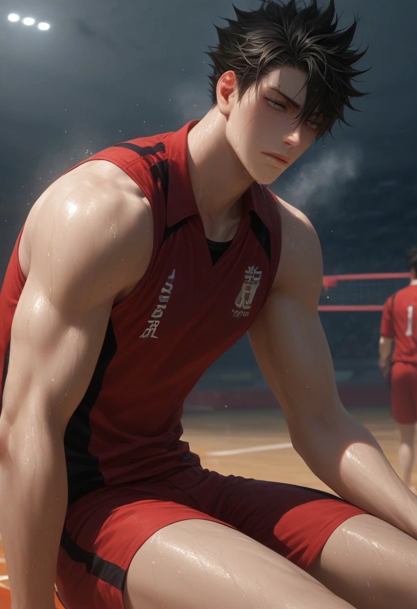 ((fully clothed, volleyball costume, smashing volleyball, jump, volleyball court)) score_9, score_8_up, score_7_up, anime, 19 year old , ((1boy, solo)), male focus, slim toned male, 1boy, toned male, kuroo_(haikyuu!!), male focus, solo, toned, broad shoulders, black hair, spiky hair, one sided bangs, masculine jawline, slender, ripped, athletic, solo)), (chest hair), ((oiled up, college sweat after Quidditch game, wet)), Macro detailed realism style photograph, soft lighting, Expressiveh, 1man, restraining viewer, chest close to viewer, heavy breathing, soft bright lighting, looking down, front view, role as top, masculine, intimidating, (sitting:1.1), confident, sweating, sweaty, heavy breathing, steaming, drenched in sweat, wet by sweat, score_9,score_8_up,score_7_up, source_anime, male focus, Muscular, half nude, big thigh, big chest, hung, manly, tall, detailed eyebrow, sharp eyebrows, focus on thigh, hairy thigh, cowboy shot, from below,