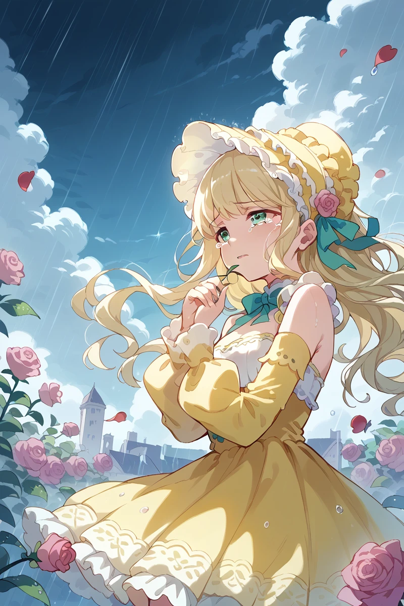 score_9, score_8_up, score_7_up, score_6_up, 1girl,
 <lora:Shiori_Yumeoji:0.9> shiori, blonde hair, flower, solo, rain, yellow dress, long hair, rose, pink flower, pink rose, bonnet, outdoors, detached sleeves, cloud, sky, tears, sad, portrait,