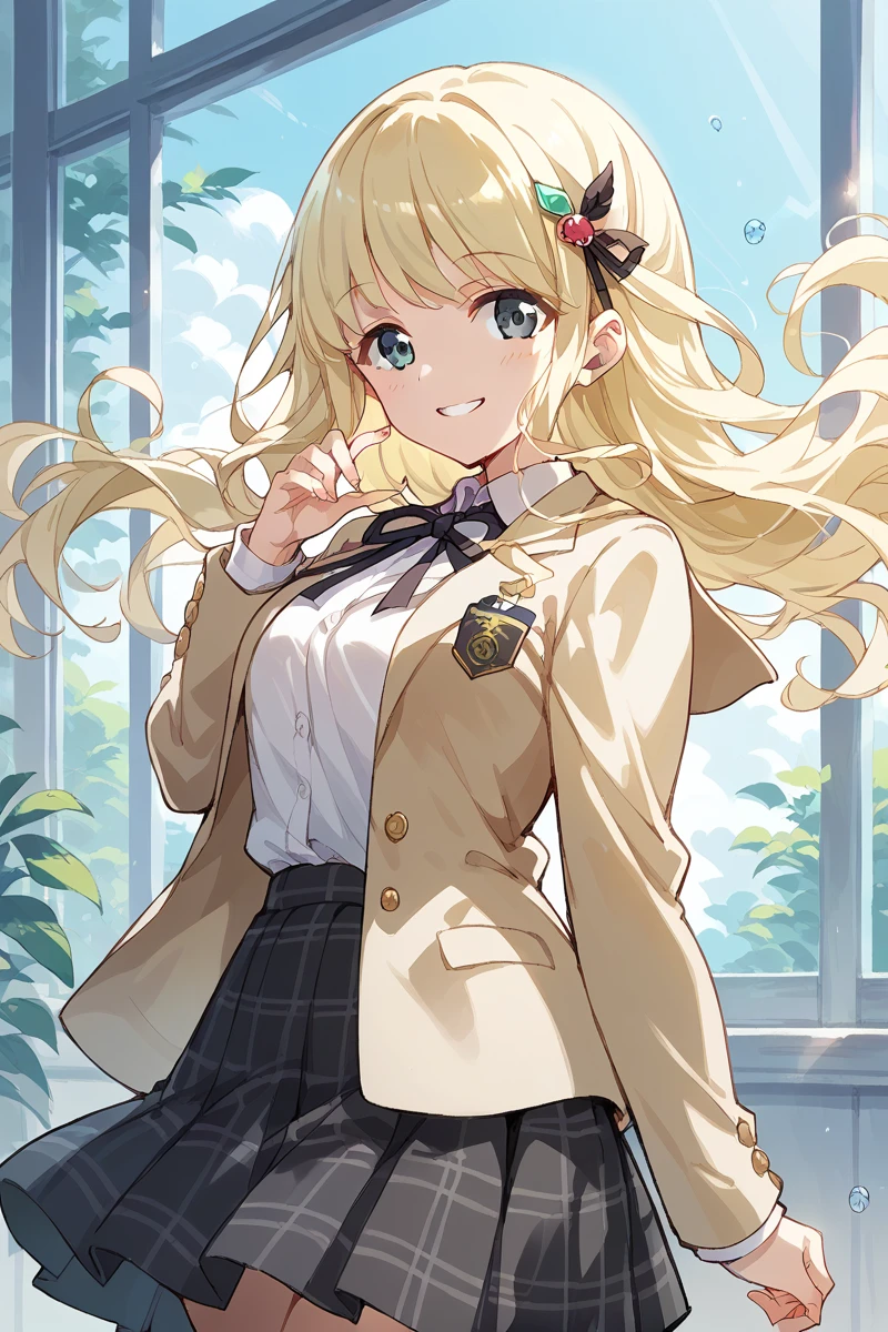 score_9, score_8_up, score_7_up, score_6_up, 1girl,
 <lora:Shiori_Yumeoji:0.9> shiori, blonde hair, solo, hair ornament, long hair, smile, plaid skirt, black skirt, looking at viewer, long sleeves, black ribbon, suit, school uniform,