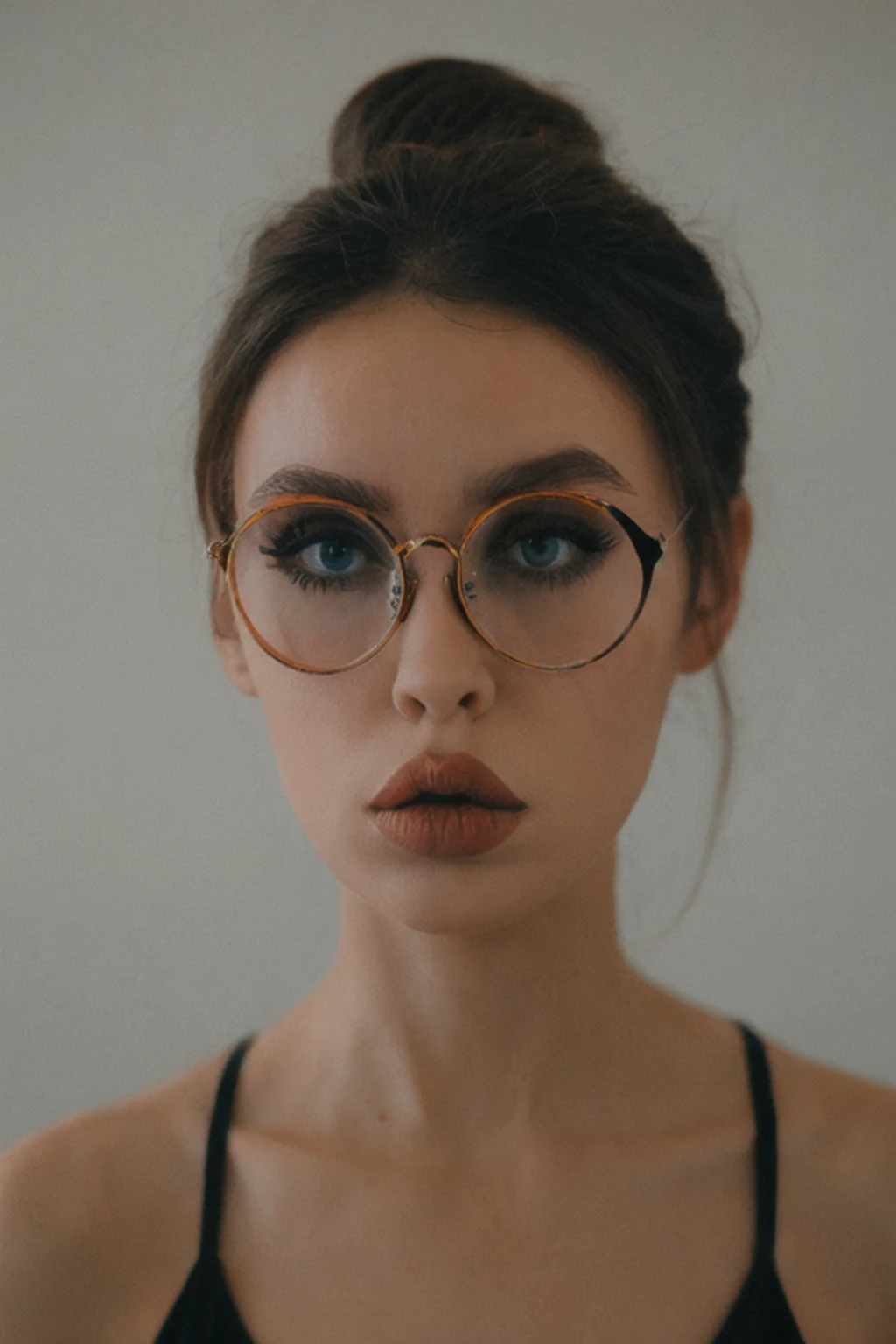 50mm amateur photo posted to facebook, closeup portrait of a girl wearing round glasses, missbo, dark eye shadow, hair tied in a messy bun <lora:missbo_v2-1.5base:1>