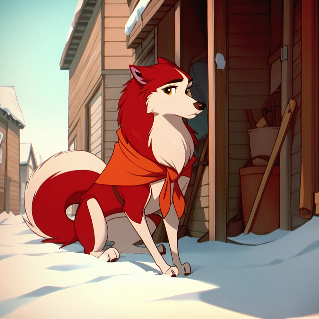 score_9, score_8_up, score_7_up, score_6_up, score_5_up, score_4_up, BREAK,  1girl, jenna\(balto\), two tone fur, red fur, canine, no humans, solo, amber eyes, neckerchief, animal, outside, snow,  <lora:Jennabalto:1>, sitting, looking at viewer,